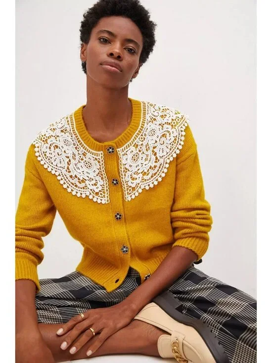 Maeve By Anthropologie Mustard Cardigan With Lace Collar Floral Buttons Size M - Picture 3 of 14